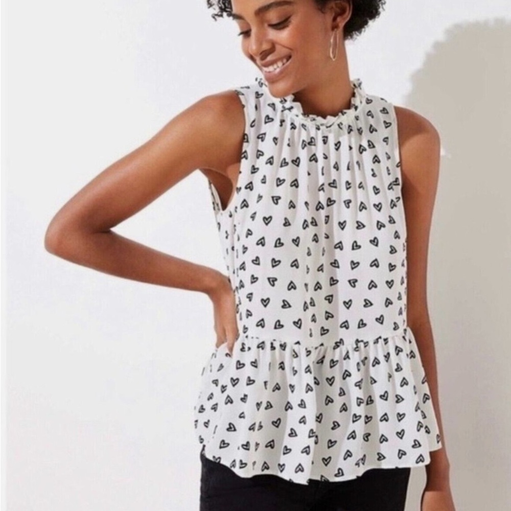 LOFT White Peplum Top with black hearts